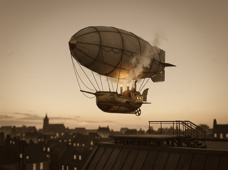 Dirigible retro de latón despegando de una azotea